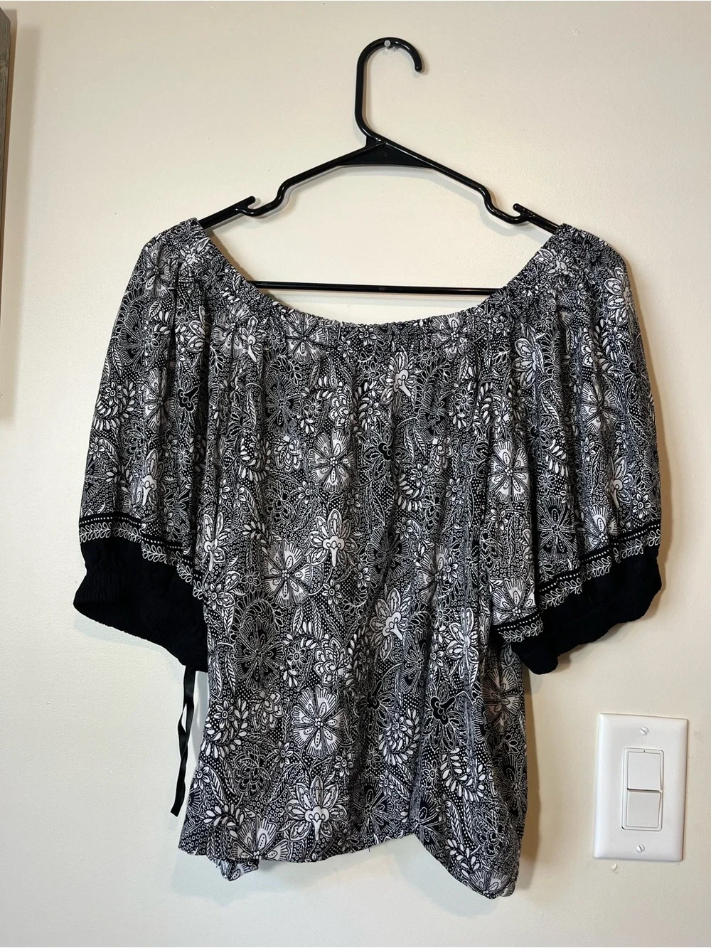 LOFT Black and White Floral Off-Shoulder Peasant Top